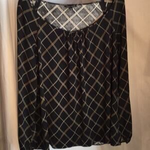 Silk black tan cream window pain plaid top worn 1x